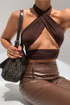 Brown Slinky Halterneck Wrap Around Top