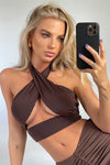Brown Slinky Halterneck Wrap Around Top