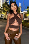 Brown Slinky Halterneck Wrap Around Top