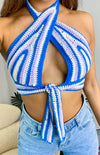 Blue Crochet Knit Cross Over Halterneck Top