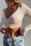 Beige Ribbed Ruched Pearl Detail Cropped Cardigan
