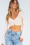 Beige Ribbed Ruched Pearl Detail Cropped Cardigan