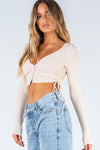 Beige Ribbed Ruched Pearl Detail Cropped Cardigan