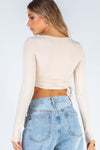 Beige Ribbed Ruched Pearl Detail Cropped Cardigan