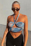 Blue Leopard Print Cut Out Detail Halter Top