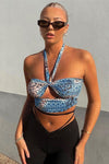 Blue Leopard Print Cut Out Detail Halter Top