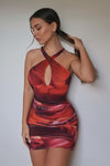 Orange Cross Strap Ruched Mesh Mini Dress
