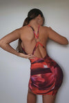 Orange Cross Strap Ruched Mesh Mini Dress