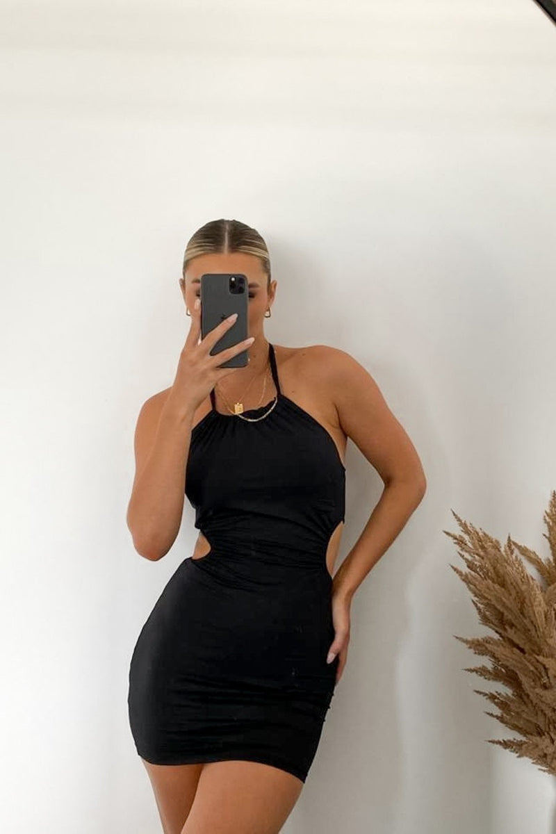 Black Halterneck Cut Out Open Back Mini Dress