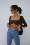 Brown Square Neck Long Sleeve Crop Top