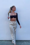 Brown Square Neck Long Sleeve Crop Top