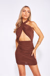 Brown Slinky Cross Over Halterneck Mini Dress