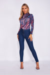 Dark Blue Marble Print High Neck Bodysuit