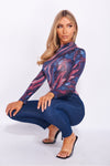 Dark Blue Marble Print High Neck Bodysuit