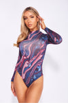 Dark Blue Marble Print High Neck Bodysuit