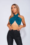 Teal Slinky Halterneck Open Back Wrap Crop Top