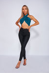 Teal Slinky Halterneck Open Back Wrap Crop Top