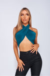 Teal Slinky Halterneck Open Back Wrap Crop Top