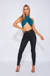 Teal Slinky Halterneck Open Back Wrap Crop Top