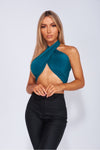 Teal Slinky Halterneck Open Back Wrap Crop Top