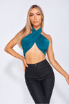 Teal Slinky Halterneck Open Back Wrap Crop Top