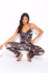 Black Marble Print Cowl Neck Crop Top & Split Leggings