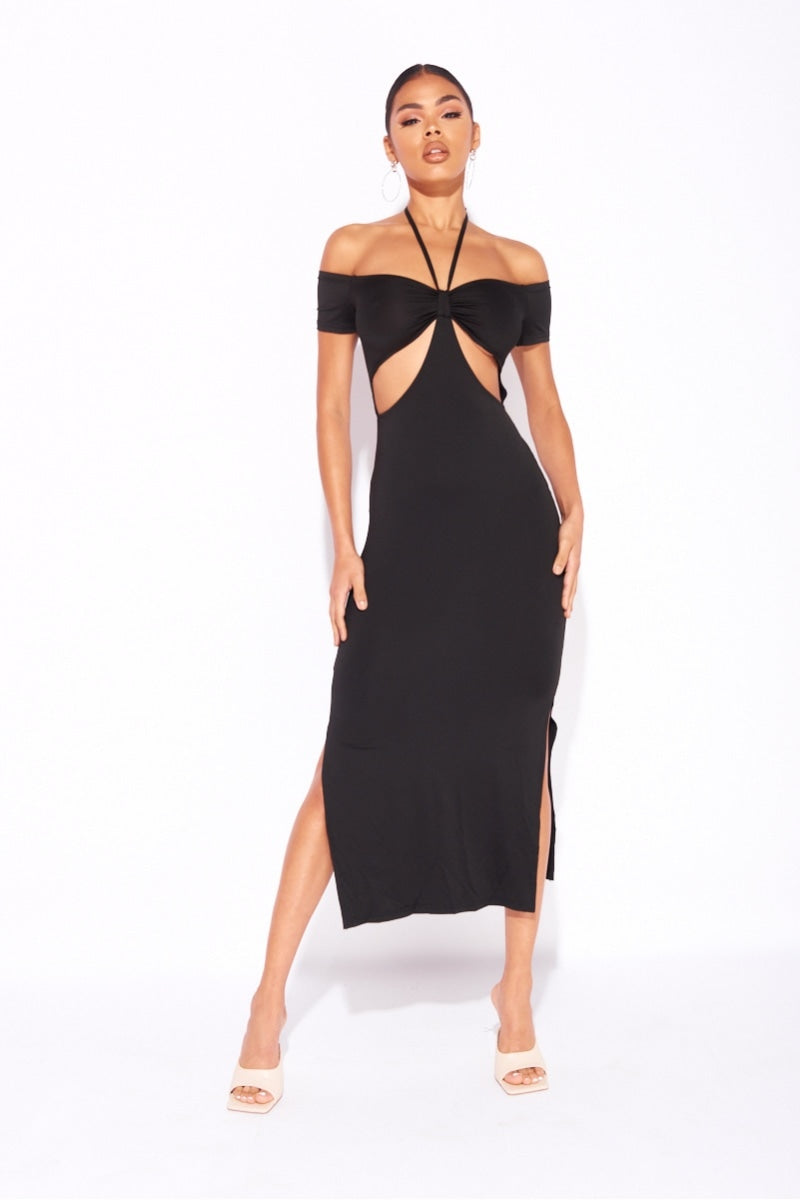 Black Slinky Cut Out Halterneck Split Detail Midi Dress