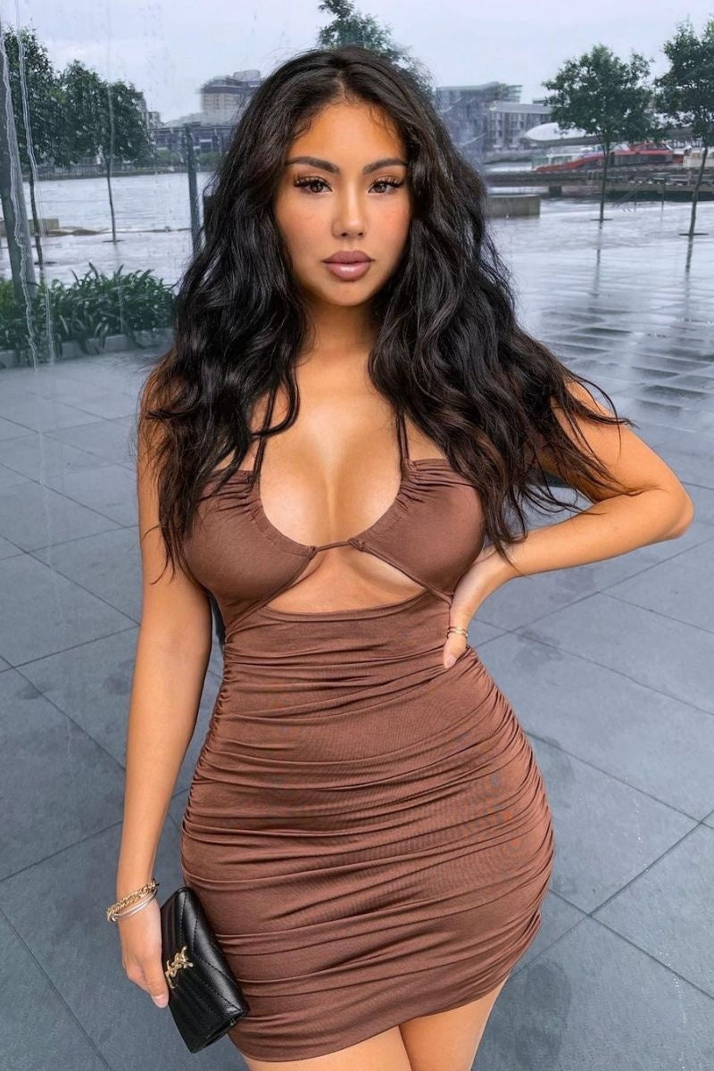 Brown Slinky Cross Strap Ruched Detail Mini Dress