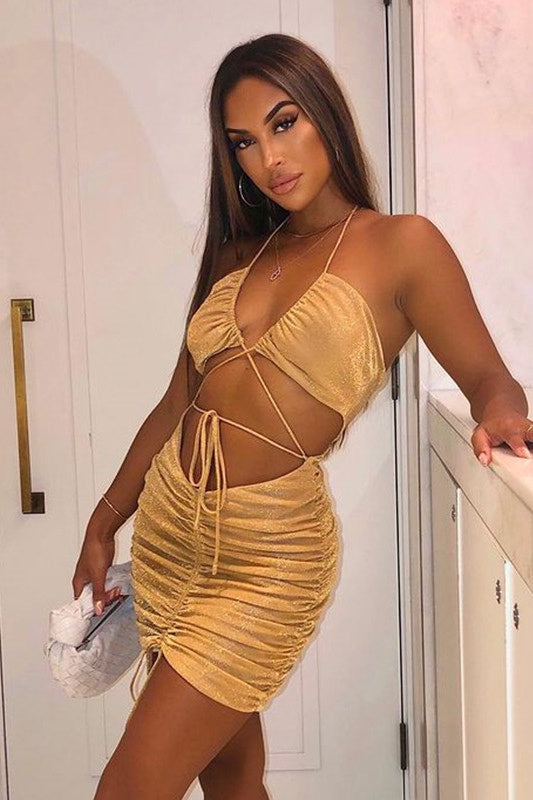 Gold Sparkly Cross Strap Ruched Mini Dress