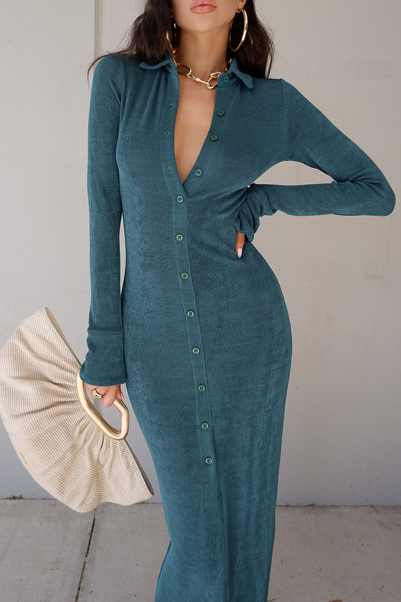 Emerald Green Slinky Button Detail Maxi Dress