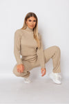 Beige Rib Knitted Roll Neck Loungewear Set