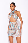 Blue Marble Print Halterneck Cross Over Mini Dress