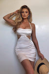 Ivory Satin Cut Out Halterneck Mini Dress