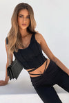 Black Adjustable Drawstring Tie Straight Leg Trousers