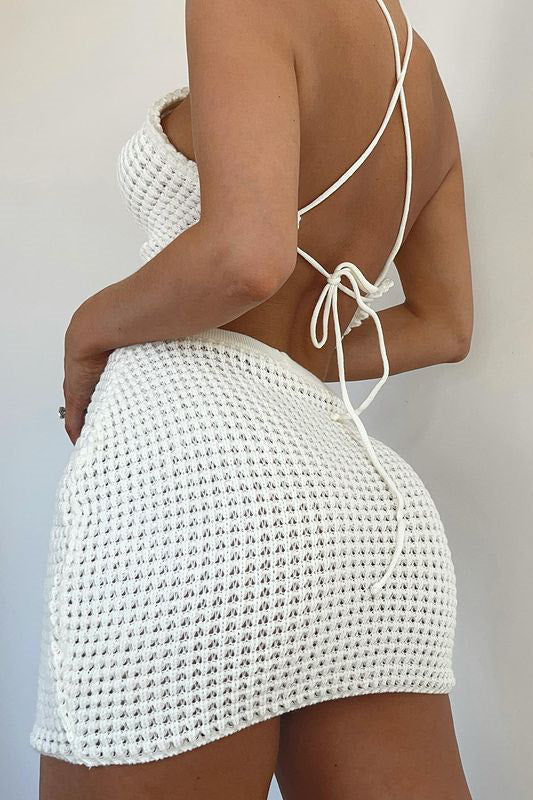 Ivory Knitted Halter Crop Top & Mini Skirt Co-Ord