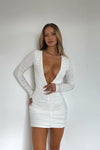 White Ruched Plunge Detail Long Sleeve Dress