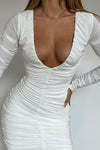 White Ruched Plunge Detail Long Sleeve Dress