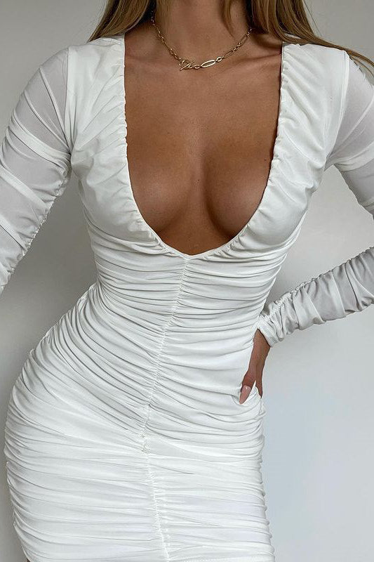 White Ruched Plunge Detail Long Sleeve Dress