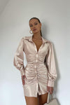 Champagne Satin Balloon Sleeve Tie Back Mini Dress