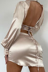 Champagne Satin Balloon Sleeve Tie Back Mini Dress