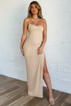 Beige Ribbed One Shoulder Thigh Split Maxi Dress