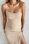 Beige Ribbed One Shoulder Thigh Split Maxi Dress