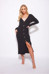 Black Ribbed Knit Button Down Detail Jumper Dress