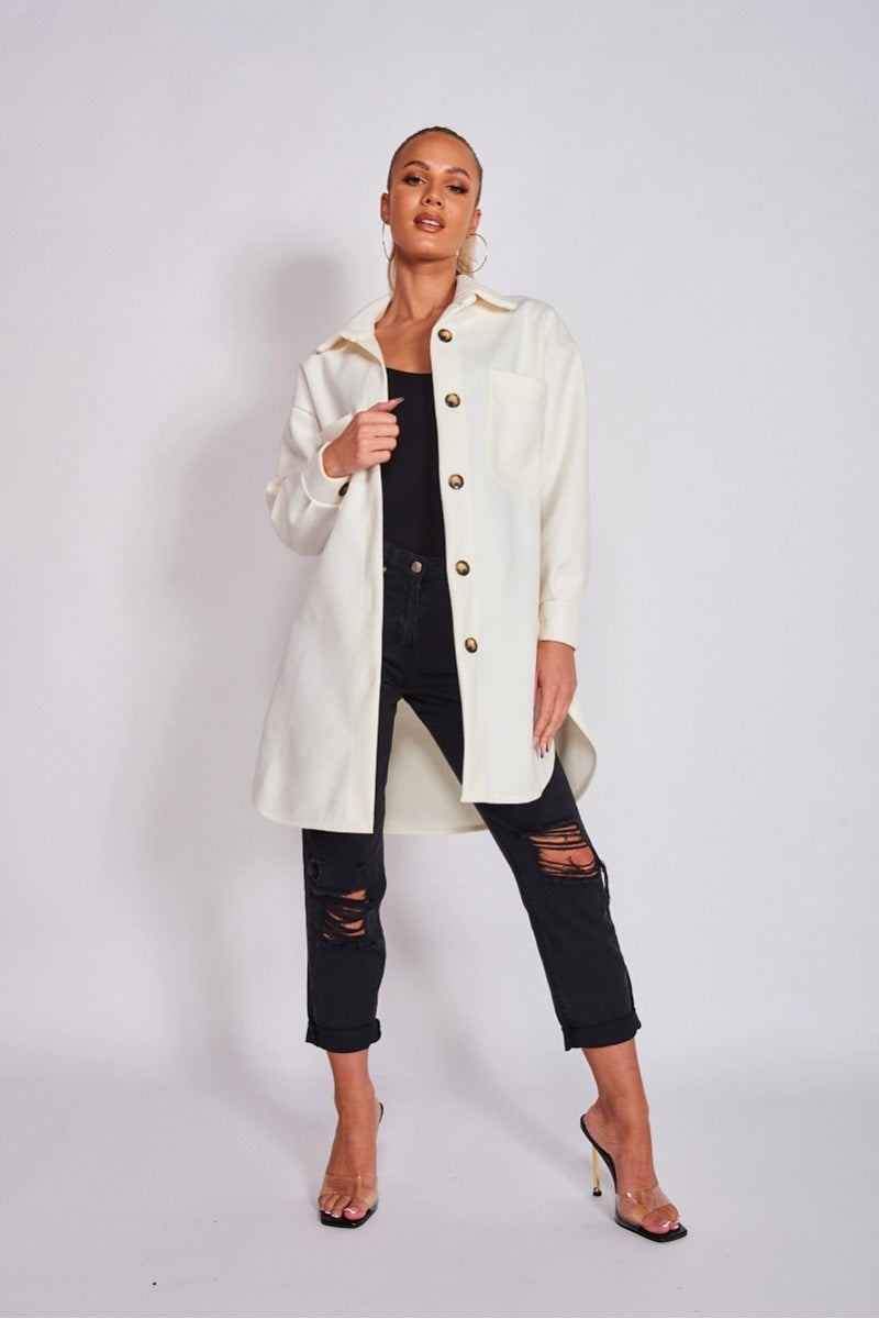 Cream Brushed Woven Oversized Longline Shacket