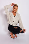 Beige Button Detail Oversized Cropped Cardigan