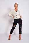 Beige Button Detail Oversized Cropped Cardigan