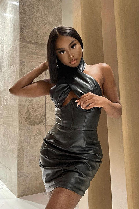 Black Faux Leather Crossover Halterneck Mini Dress
