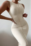 Beige Ribbed Exposed Seam Sleeveless Midi Dress