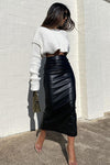 Black Vegan Faux Leather Ruched Detail Midi Skirt