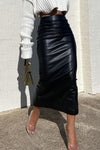 Black Vegan Faux Leather Ruched Detail Midi Skirt